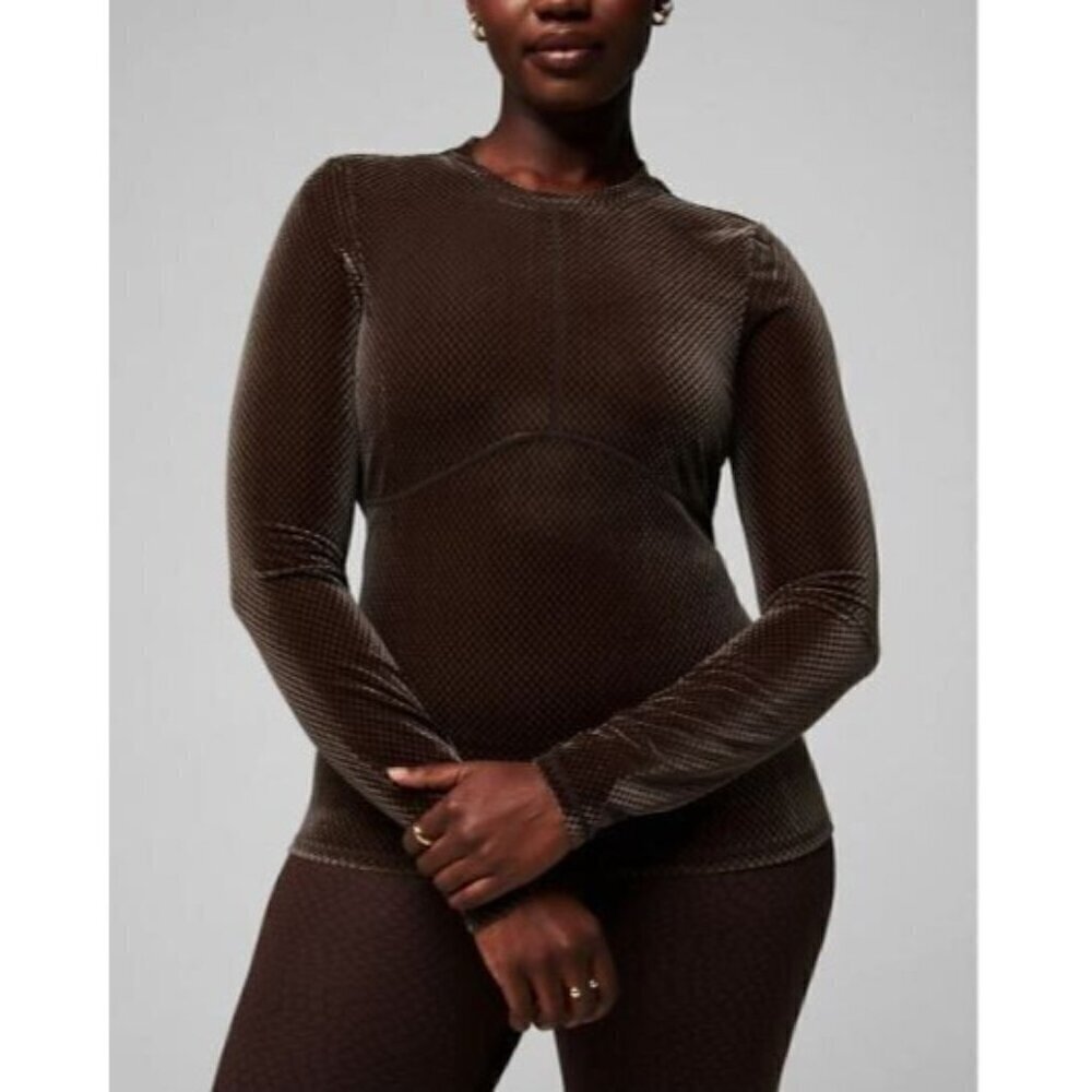 Fabletics Athletic Top Womens Medium Cacao Velour Seamed Long Sleeve Loungewear